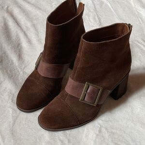 KORKS by KORK-EASE Denoon Burnished Cap Toe Brown Suede Strap Buckle Ankle Boots